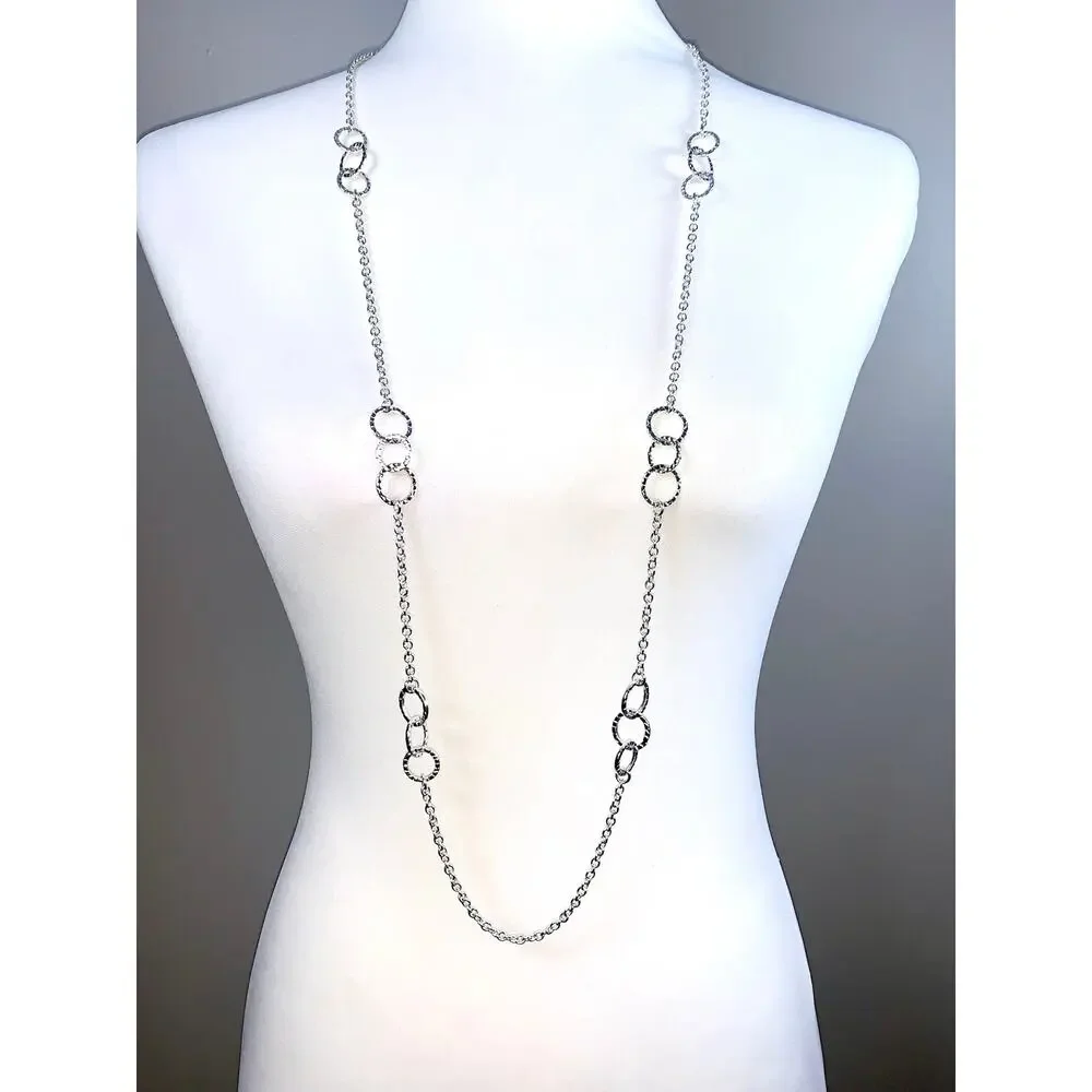 Banana Republic Hammered Silver Interlocking Rings Long Statement Necklace